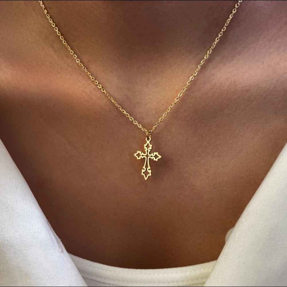 Gold Stainless Steel Womens Cross Necklace 18” New